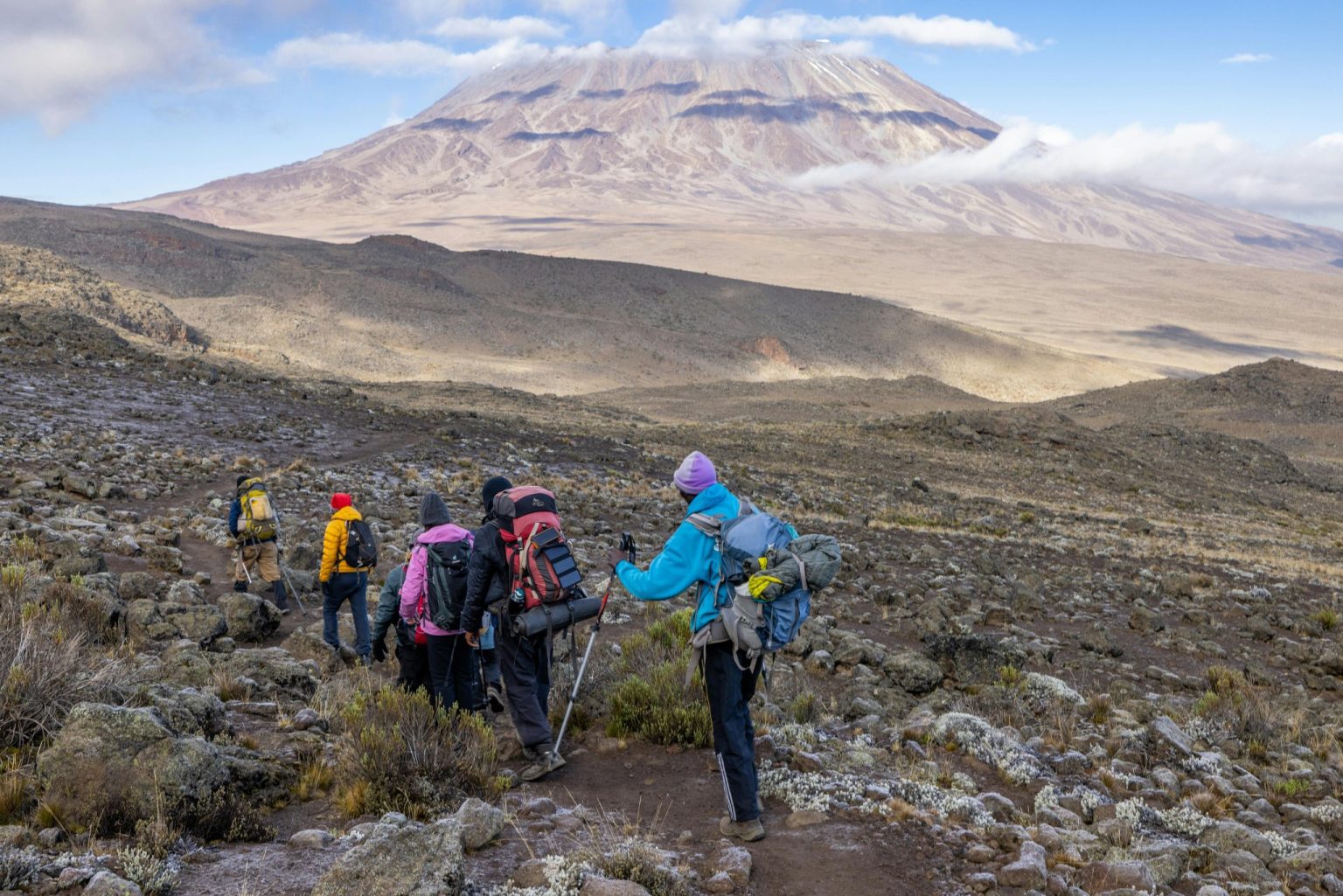 Trekkers with daypacks and poles on a stony trail toward the Kibo dome of Kilimanjaro