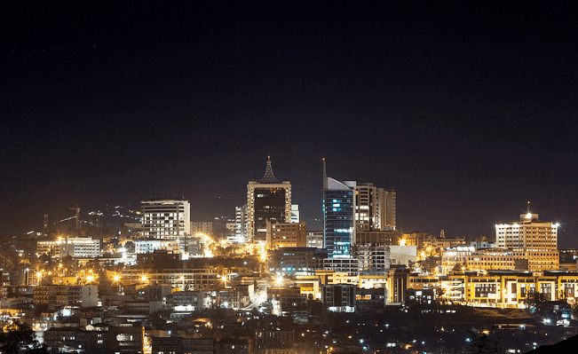 Kigali city skyline lit up at night, Rwanda