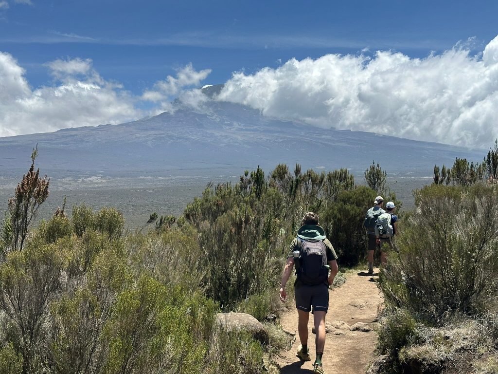 Three trekkers in trekking trousers walking a moorland trail on Kilimanjaro with the summit in cloud