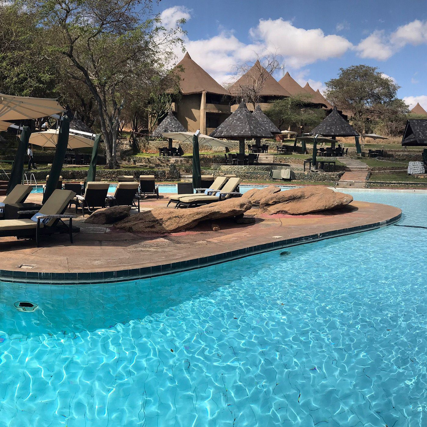 Swimming pool with sun loungers and thatched rooms at a safari lodge in Tarangire